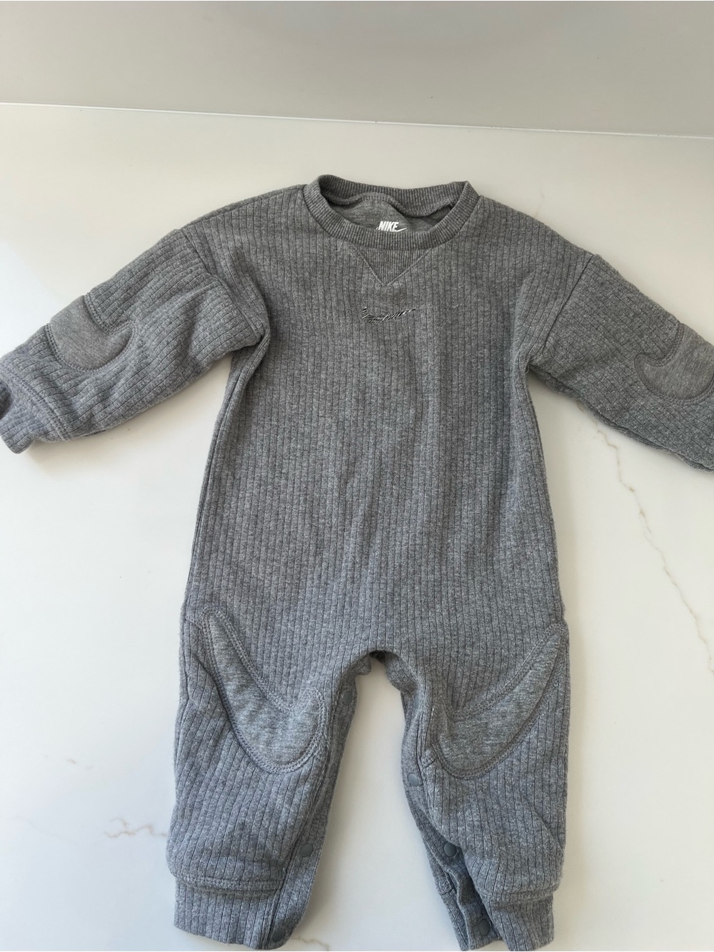 Nike Grey Ribbed Baby One-Piece Bodysuit reinforced knee + elbow 9 month
